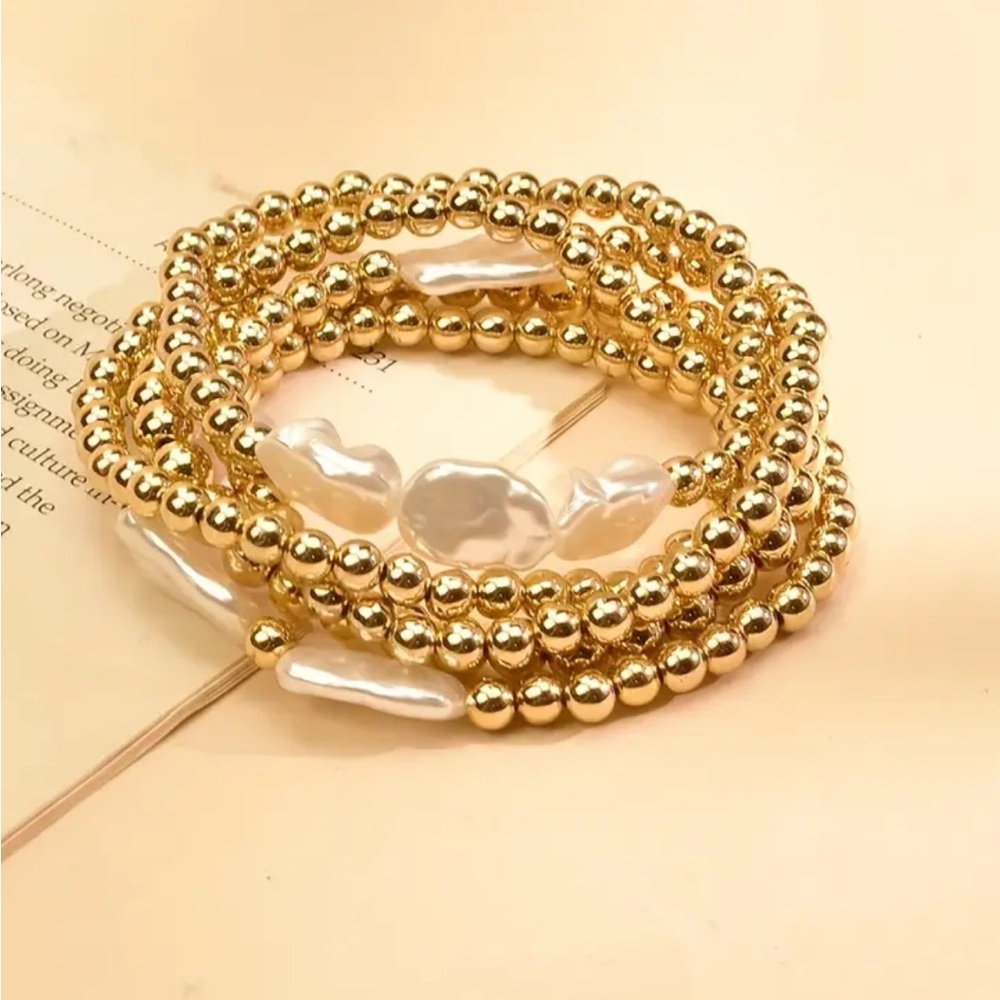 Elegant Gold Beaded Faux Pearl Bracelet Set ~ 5 Pieces - Picture 2 of 4